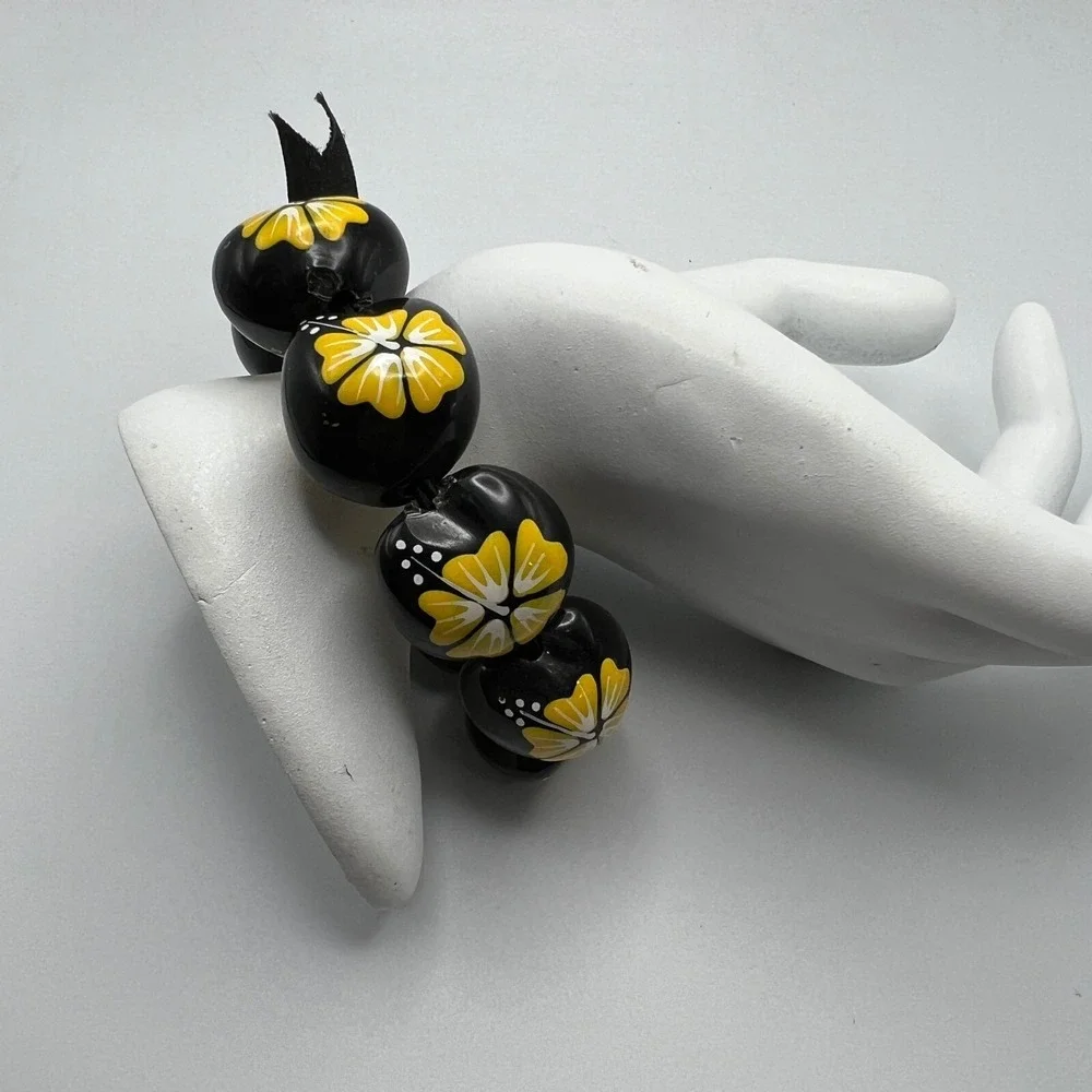 Hawaiian Necklace Bracelet Black Yellow Hibiscus‎ Flower Handmade Stretch